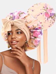1pc Women's Elastic Ribbon Print Satin Sleeping Cap/Chemo Cap/Makeup Cap, Suitable For Daily Use - Multicolor - View 23