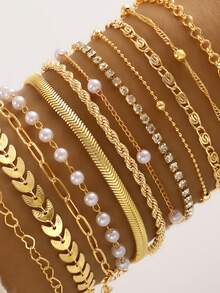 25/20/15/5pcs Fashion Elegant Vintage Minimalist Design Faux Pearl Crystal Geometric Pleated Knot Glossy Bracelet Set, Suitable For Women's Holiday Party, Daily Wear, Gift (Random Delivery) - Gold - View 3