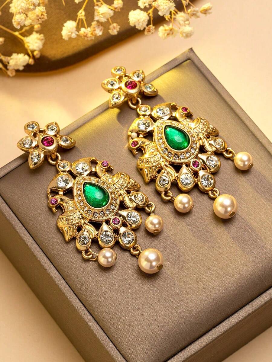 2pcs Vintage Style Earrings For Women, Gold-Tone Base With Green Teardrop Gems, Red Gems, White Diamonds And Pearls - Multicolor - View 1