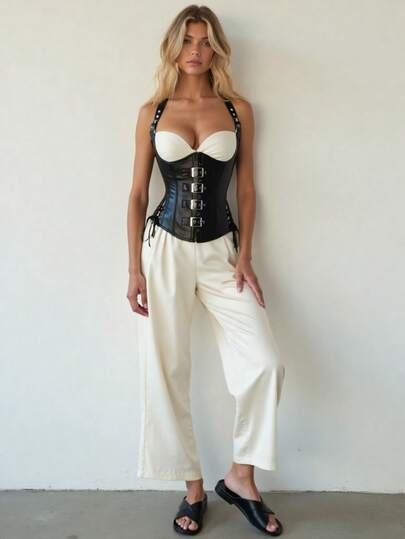 Corset superior de cuero PU estilo gótico de Halloween con hebillas y cordones en la espalda
