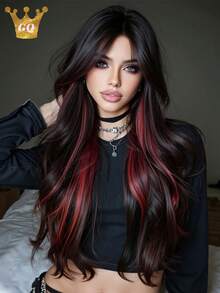 Black & Red Wig For Halloween Costume Women Wig 26 Inch Long Curly Wig Heat Resistant Synthetic Wig Hair Cosplay Wig Perfect Christmas Halloween Use - Màu dương cầm - Xem 1