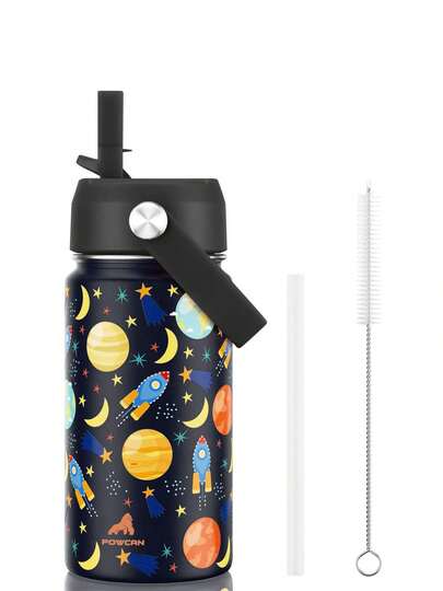 12oz Stainless Steel Insulated Water Bottle With Straw And Straw Brush, Leak-Proof, Double Wall Vacuum Stainless Steel Water Bottle, Suitable For School, Outdoor Travel, Play, And Gifting