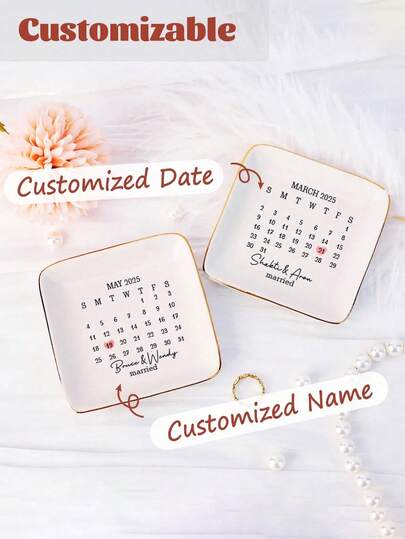 Spersonalizowana tacka na pierścionki, tacka na biżuterię dla pary, talerz na pierścionek z datą ślubu, prezent ślubny dla przyjaciela, ceramiczna pamiątka dla nowożeńców, prezent urodzinowy, ukończenie szkoły, wielofunkcyjna, trwała, ozdobna, wielokrotnego użytku, wykwintna, stylowa, wysokiej jakości, kolorowa, nowoczesna, niestandardowa, spersonalizowana, wyjątkowa, do domu, ogrodu, biura