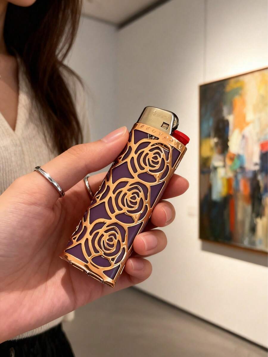 1個 BIC J6ライター用 カットアウトローズデザイン (BIC J6専用) メタルライターホルダー、ライターケースカバー、ライターアクセサリー、喫煙アクセサリー - ゴールド - チェックする 1