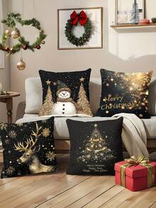 4pcs Gold Christmas Pillow Covers, Elegant Christmas Pillow Shams With Snowman, Reindeer And Christmas Tree Cartoon Designs, Polyester Single-Sided Printed Cushion Covers For Christmas Holiday Home Decor, Suitable For Sofa, Bed, Chair, Bedroom, Living Room, Farmhouse Porch, Machine Washable With Zipper Closure, Pillow Insert Not Included - Gold - View 3