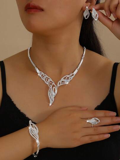 Set di gioielli da donna - Collana, orecchini, bracciale, anello, stile retrò, adatto per feste, spose, matrimoni