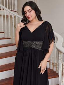 UNITHORSE Plus Size Bridesmaid Dress With Sequin Waist, Ruffle Hem And Side Slit, Chiffon - Black - View 7