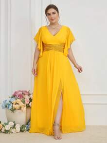 UNITHORSE Plus Size Bridesmaid Dress With Sequin Waist, Ruffle Hem And Side Slit, Chiffon - Yellow - View 4