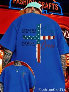 Patriotic Christian Faith T-Shirt, Stand For The Flag, Kneel For The Cross Religious Shirt, Cross Design Men's T-Shirt Showing American Pride, Conservative Christian Cotton Clothing - 藍色 - 查看 1