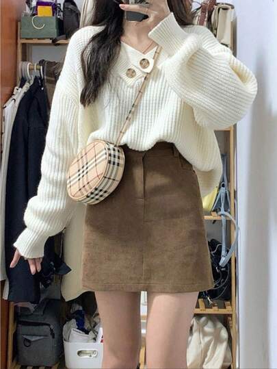 優しいスタイルの柔らかいもちもちセーターニットカーディガンレディース秋冬小柄な気質長袖トップスハーフ丈スカートツーピーススーツ