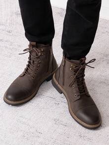 SHOESMORE Men's Fashion Comfortable Boots Motorcycle Casual Darkbrown Pu Boots Zipper Chukka Boots Seasonal Boots Drop - BMY8033A-深棕色 - 查看 4