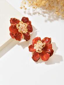1 对优雅花卉耳环，复古山茶花耳环，轻盈奢华美学耳环，适合女性、海滩度假和日常佩戴 - 紅色 - 查看 3