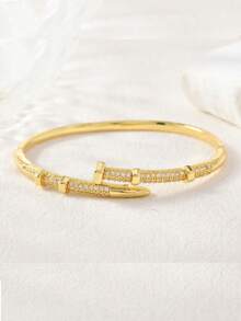 1pc Fashion Personalized Nail Bangle Bracelet For Women, Inlaid Synthetic Zirconia, Elegant Minimalist Style, Versatile Daily Accessory, Hot Selling