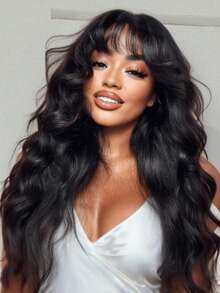 Black Fluffy Natural Loose Body Wave Curtain Bangs Wig 3D Body Wave Lace Frontal Wig With Bangs Pre Everything Put On And Go Glueless Human Wigs,Summer Wig, Loose Body Wave Curtain Bangs Wig With Invisi Drawstring Fit All Head Size Glueless Wigs Human Hair Pre Plucked Pre Cut Bleached Knots Put On And Go Human Hair Wigs Natural Black Color 180% Density - SNatural - 查看 1