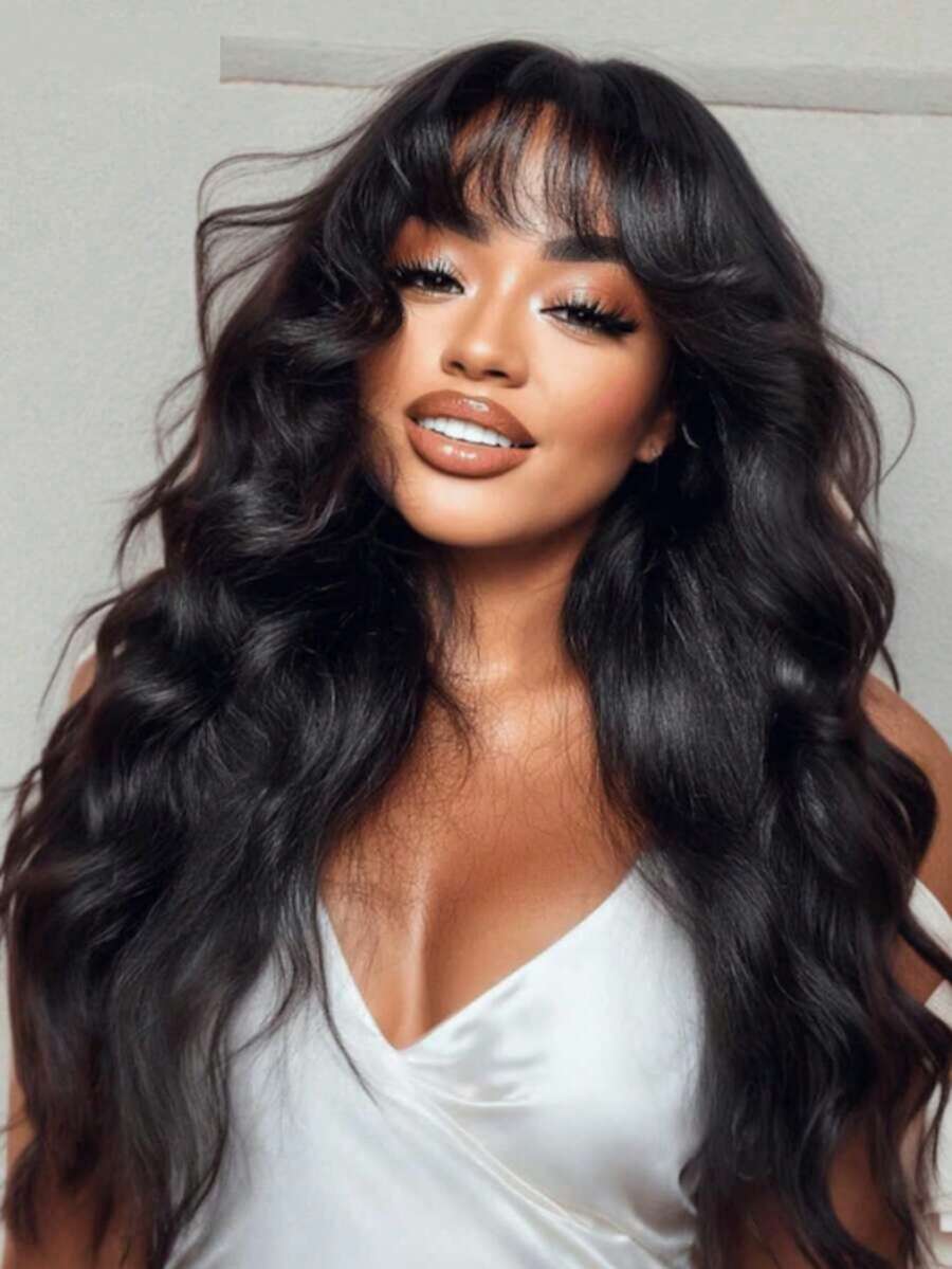 Black Fluffy Natural Loose Body Wave Curtain Bangs Wig 3D Body Wave Lace Frontal Wig With Bangs Pre Everything Put On And Go Glueless Human Wigs,Summer Wig, Loose Body Wave Curtain Bangs Wig With Invisi Drawstring Fit All Head Size Glueless Wigs Human Hair Pre Plucked Pre Cut Bleached Knots Put On And Go Human Hair Wigs Natural Black Color 180% Density - SNatural - 查看 1