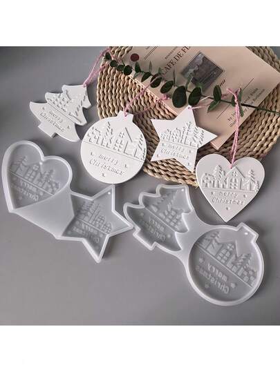 Molde de silicone para enfeite de Natal multiformato - 1 peça - Coração/Redondo/Árvore/Estrela, Silicone flexível de alta qualidade, compatível com cimento/gesso/argila | Para decoração de casa "faça você mesmo" e presentes artesanais de Natal