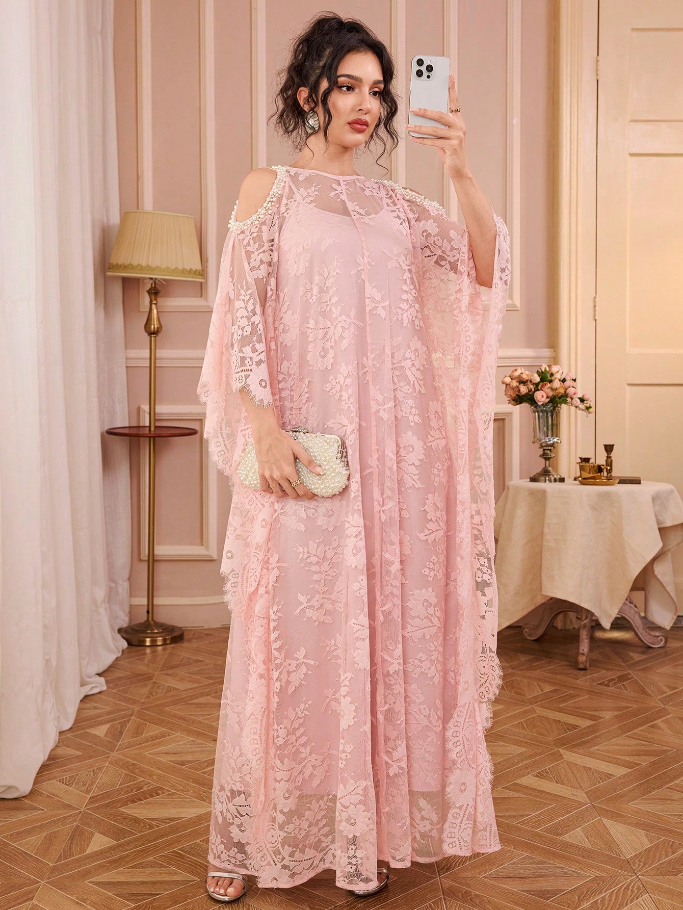 فستان كامي من قطعتين بأكمام طويلة ثلاثة أرباع مع ت...
