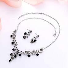 Cristal Austriaco Bola de Boda Flor Hoja Collar Pendientes Conjunto Iridiscente - Negro Plateado - Ver 10