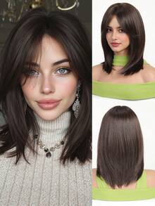 14 Inch Deep Brown Layered Bob Wig, French Eight-Shaped Bangs Face-Framing, Smooth Straight Short Hair, High-Temperature Synthetic Fiber, Versatile For Daily Commute, Workplace, Dating, Breathable Adjustable Mesh Cap - 黑棕色 - 查看 3