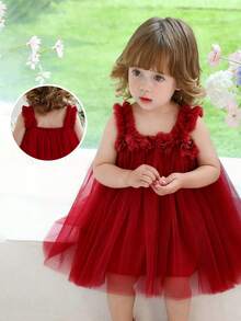 女婴酒红色3D立体花朵吊带薄纱连衣裙，圣诞派对优雅礼服，公主裙，适合一周岁生日、婚礼、派对、礼物、花童等场合，四季皆宜 - 酒紅色 - 查看 8