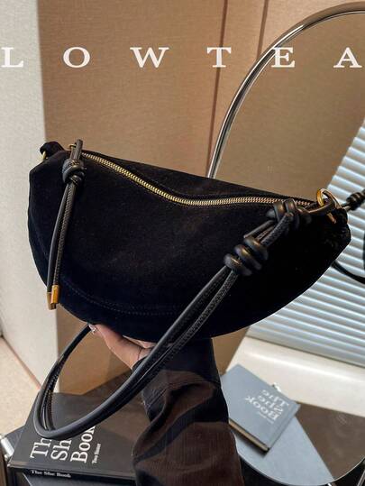 1 件女士复古仿麂皮单肩包，纯色，新月造型设计，拉链开合，适合日常和户外使用，最新时尚女士仿麂皮包，完美搭配秋季服装女士秋季服装