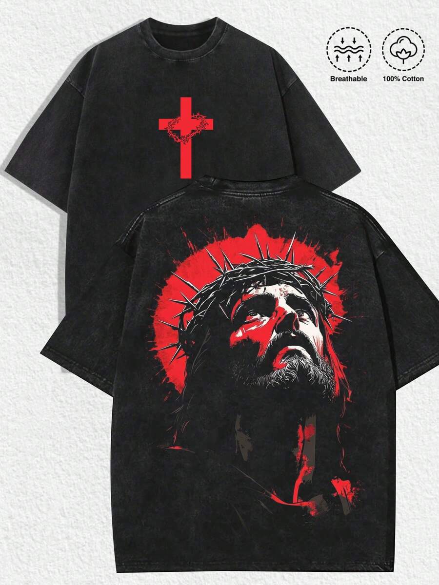 1 PCS Religious "Jesus With Crown Of Thorns & Red Cross" Graphic Tee: Featuring Distressed Vintage Finish, Front Bold Red Cross Print Adorned With Crown Of Thorns, Back Artistic Portrait Of Jesus Wearing Crown Of Thorns With Dramatic Red Accents, Crafted From Breathable 100% Cotton, Perfect For Infusing Spiritual & Nostalgic Vibes Into Outfits During Easter Celebrations, Church Events, Or Daily Wear, Men's Round Neck Printed Short Sleeve Casual Everyday T-Shirt, They Are Excellent Gifts For Friends And Family, 100% Cotton T-Shirts Feature, A Youthful And Fashionable Design, Graphic Tees Men, Graphic Tees Women, Cachorro Feliz, Back To School - 黑色 - 查看 1