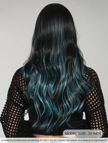 AKAKO 24 Inch Blue Highlight Long Wavy Wig With Curtain Bangs, High Quality Heat-Resistant Fiber Synthetic Wave Curly Hair Wig, Gorgeous Goth Style Costume Wigs For Women Halloween Party Masquerade Ball,Music Festivals & Carnival Use - 挑染藍色 - 查看 3