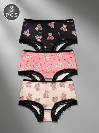 3 件女士内裤，多色，可爱熊，心形，字母，卡通，全身印花，黑色蕾丝，多件装，性感内衣