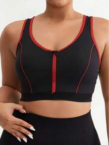 Reggiseno sportivo da donna con zip frontale, colore a contrasto, taglie comode, imbottitura rimovibile, adatto per attività all'aperto, yoga e sport - nero - Visualizzare 3