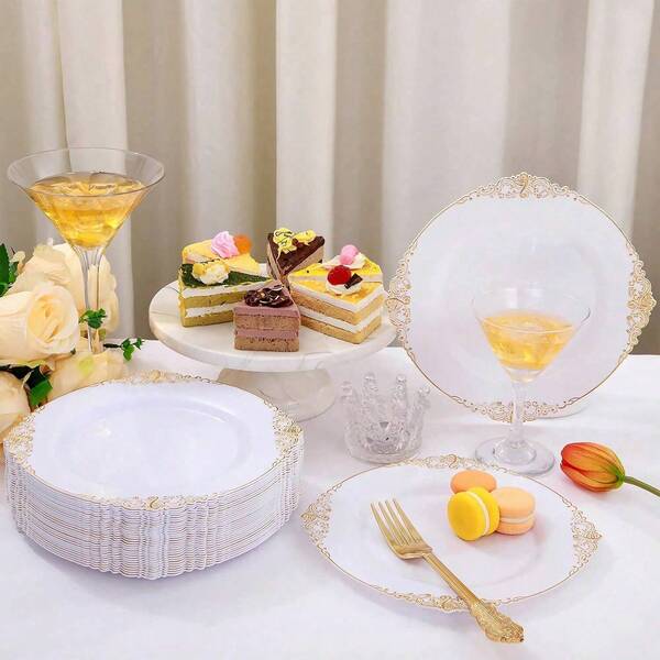 50/25/10/1pc White Base Embossed Gold Rim Salad Plate, Cake Dessert Plate, Food Plate, Reusable Dinnerware, Holiday Party Tableware, 7.5" And 10.25" Multi-Size Options, Suitable For Wedding Decor, Christmas Gift, Thanksgiving, Birthday Party