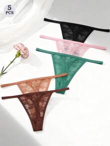 5pcs/Pack Women's Floral Lace Thong Panties, Sexy Low Waist Comfortable Breathable Underwear - Multicolor - View 3