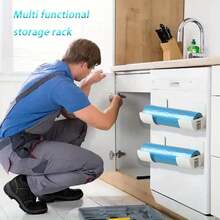 2 pezzi Rastrelliera da cucina regolabile - Senza foratura richiesta, Organizer multifunzione per pellicola trasparente, sacchetti per la spazzatura ecc. - Adatto per armadi, frigoriferi e ombrelli, Ganci pratici