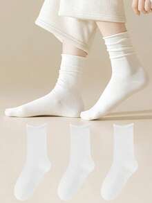 1/6 Pairs Women Melon Color Solid Cuffed Simple Versatile Comfortable Elastic Casual Socks, Suitable For Home, Spring/Autumn/Winter, Thermal Lined Mid-Calf Socks