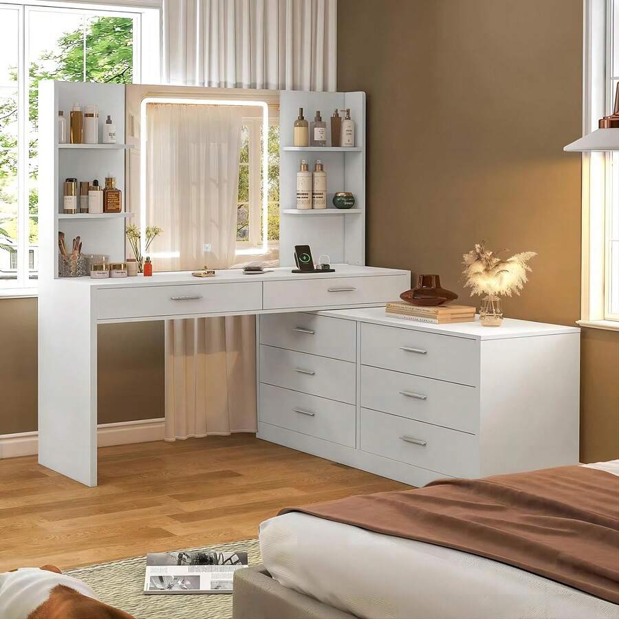 Multifunctional Dressing Table With Mirror, LED Lights And Drawers, 2 Colors