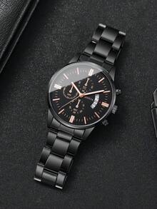 1pc Men's Fashion Three-Eye Calendar Dial Stainless Steel Band Quartz Casual Business Wrist Watch, No Watch Box Included