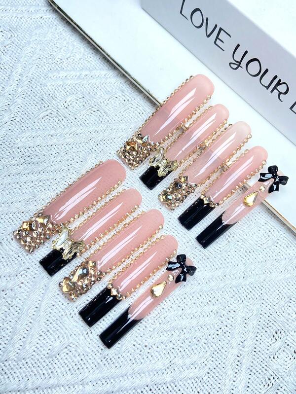 10 szt. Y2K Overlength French Press On Nails, pełne pokrycie, sztuczne paznokcie, ręcznie robione, z błyszczącymi kryształkami 3D, kokardką, motylem ze stopu, idealne na wesela, imprezy, walentynki, urodziny, prezenty świąteczne, idealnie dopasowane, wielokrotnego użytku zdobienia paznokci, 1 szt. żel żelowy/1 szt. mini paski polerskie, odpinany zestaw, odpowiednie dla kobiet i dziewcząt na imprezy świąteczne i do codziennego użytku, produkty do paznokci