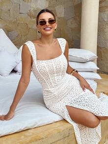 CurvySweet Women's Sexy Elegant Boned Lace Paneled Asymmetric A-Line Midi Dress With Built-In Bra