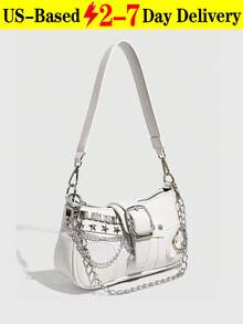 1pc Women Retro Biker Chic Studded Adjustable Strap Crossbody Bag, Large Capacity Soft Gradient Leather Shoulder/Underarm Bag, Suitable For Work, Dating, Parties, Vintage Bag For Women, Halloween Purse Perfect For Fancy Party Halloween Fashion & Gothic Fashion,1pc Women Retro Biker Chic Studded Adjustable Strap Crossbody Bag, Large Capacity Soft Gradient Leather Shoulder/Underarm Bag, Suitable For Work, Dating, Parties, Vintage Bag For Women, Halloween Purse Perfect For Fancy Party Halloween Fashion & Gothic Fashion,Christmas Gifts,Christmas Gifts,Crossbody Bags For Women,Christmas Decorations - 白色 - 查看 1