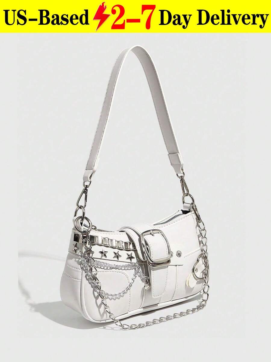 1pc Women Retro Biker Chic Studded Adjustable Strap Crossbody Bag, Large Capacity Soft Gradient Leather Shoulder/Underarm Bag, Suitable For Work, Dating, Parties, Vintage Bag For Women, Halloween Purse Perfect For Fancy Party Halloween Fashion & Gothic Fashion,1pc Women Retro Biker Chic Studded Adjustable Strap Crossbody Bag, Large Capacity Soft Gradient Leather Shoulder/Underarm Bag, Suitable For Work, Dating, Parties, Vintage Bag For Women, Halloween Purse Perfect For Fancy Party Halloween Fashion & Gothic Fashion,Christmas Gifts,Christmas Gifts,Crossbody Bags For Women,Christmas Decorations - 白色 - 查看 1