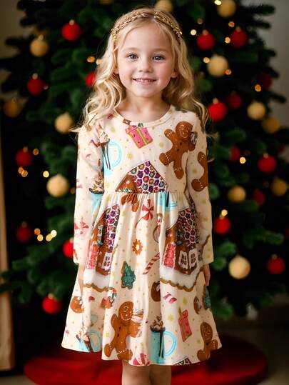 Girls Christmas Print Long Sleeve Dress, Soft & Comfortable, Cartoon Christmas Design, Casual Style, Suitable For Daily Wear, Girls Christmas Dress For 4-7 Years Old, Autumn/Winter