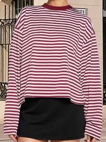 Women Striped Long Sleeve Baggy T Shirts Y2k Vintage Stripes Oversized Boxy Tees Cropped Tops Lionesss Stripped Sweatshirt Fall Preppy Teen Girl Clothes - 淺粉色 - 查看 1