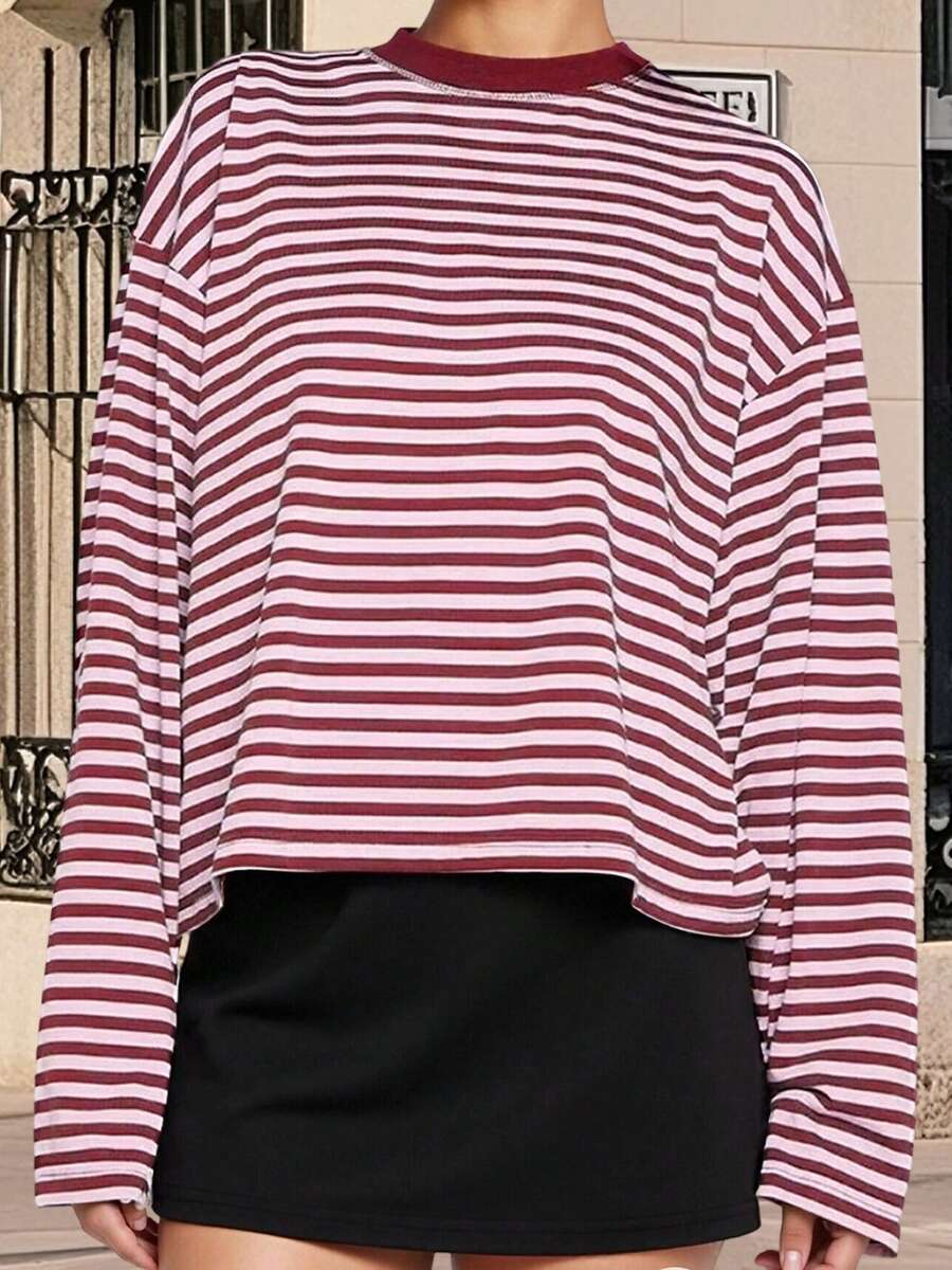 Women Striped Long Sleeve Baggy T Shirts Y2k Vintage Stripes Oversized Boxy Tees Cropped Tops Lionesss Stripped Sweatshirt Fall Preppy Teen Girl Clothes - 淺粉色 - 查看 1