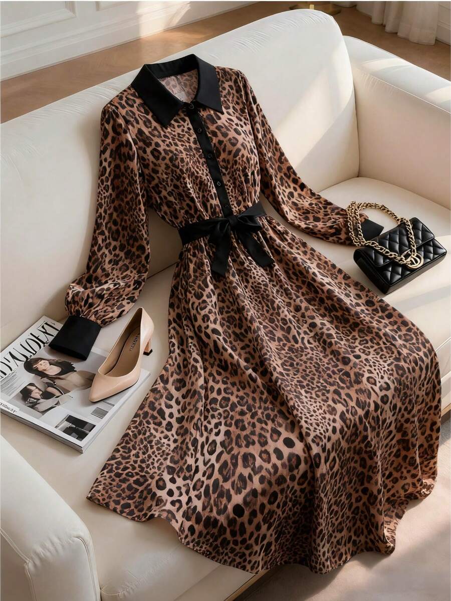 Długie sukienki damskie, eleganckie sukienki z jesiennym nadrukiem w panterkę, sukienki nocne damskie idealne na co dzień, do pracy, na wakacje, randki i imprezy.