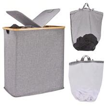140L Lid Laundry Basket With Extra Large Washing With 2 Removable Laundry Bags - Grey - View 1