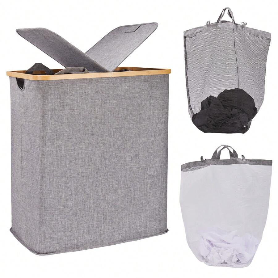 140L Lid Laundry Basket With Extra Large Washing With 2 Removable Laundry Bags - Grey - View 1