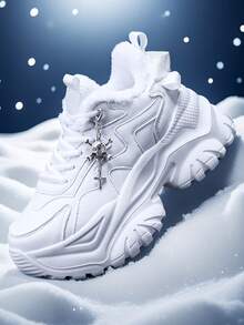 Sapatos de Neve para Esportes de Inverno Femininos com Elevação de 7cm, Tênis Casuais da Moda com Elementos de Halloween - Cruz Gótica 3D, Decorações de Caveira, Correntes de Metal Prateadas, Sola Grossa de EVA, Bico Redondo com Cadarço, Salto Alto Branco Confortável e Antiderrapante, Adequado para Uso Diário, Encontros, Academia, Escritório, Botas de Plataforma para Neve de Outono/Inverno