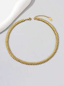 1pc Vintage Gold-Plated Stainless Steel Bean Sprout Style Necklace, Suitable For Daily Wear And Holiday Gifts For Friends - Yellow Gold - View 6