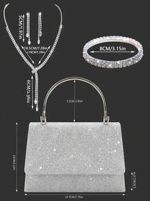 优雅迷人的女士晚宴手提包，精致奢华的单肩包，配有闪亮水钻项链、手链和耳环套装，时尚的单肩包，适合派对女孩、女士、新娘，是派对、婚礼、舞会、正式场合的完美之选。 - 銀色 - 查看 4