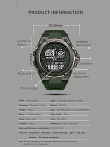 SANDA. 男士手表顶级双显防水运动手表军用男士闹钟秒表石英腕表男式 LED 数字时钟 - 軍綠色 - 查看 3