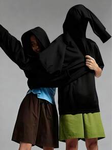 Unique Long Sleeve Hooded Sweatshirt For Best Friends And Couples, Loose Fit, Suitable For Autumn/Winter, Casual For Daily, Vacation, School, Home, Street Wear, Versatile, Suitable For Autumn/Winter, Halloween, Christmas And Various Occasions, Also An Essential Outerwear Item, Fashionable And Distinctive, Streetwear Style, Y2K Aesthetic - Black - View 9